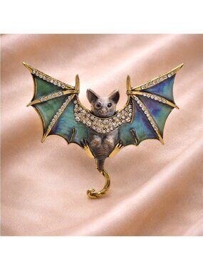 Gothic Bat Green Brooch Gold Accents